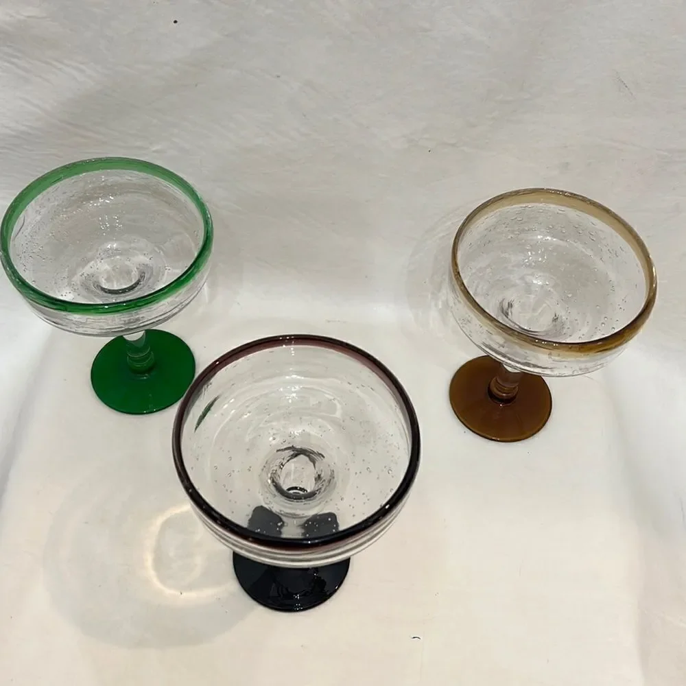 Margarita Glass 12 Ounce Hand Blown Bubble Mexican Heavy Bar Ware Set 3 Green